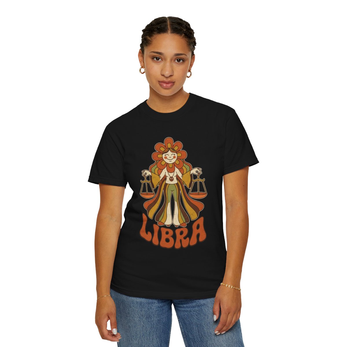 Color: Black | Retro Mascot Groovy Libra Unisex Garment-Dyed Tee