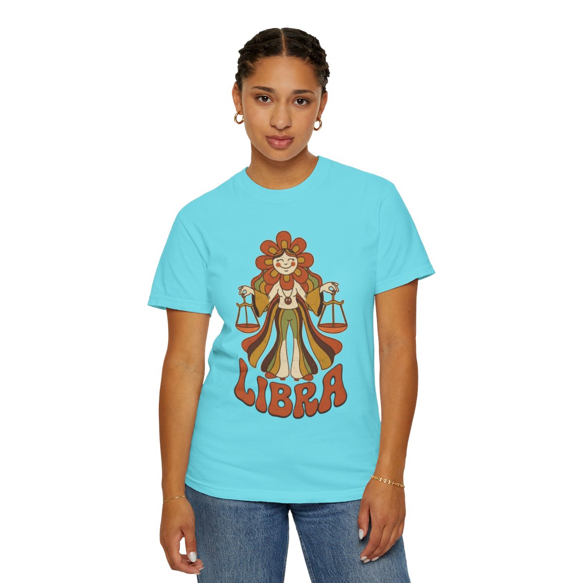 Color: Lagoon Blue | Retro Mascot Groovy Libra Unisex Garment-Dyed Tee