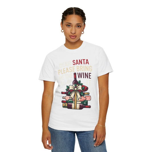 Color: White | Santa Bring Me Wine Unisex Garment-Dyed Tee