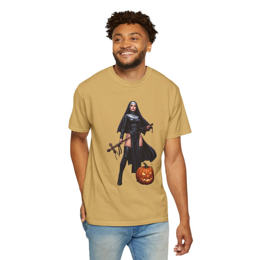 Color: Mustard | Sexy Halloween Nun Unisex Garment-Dyed Tee