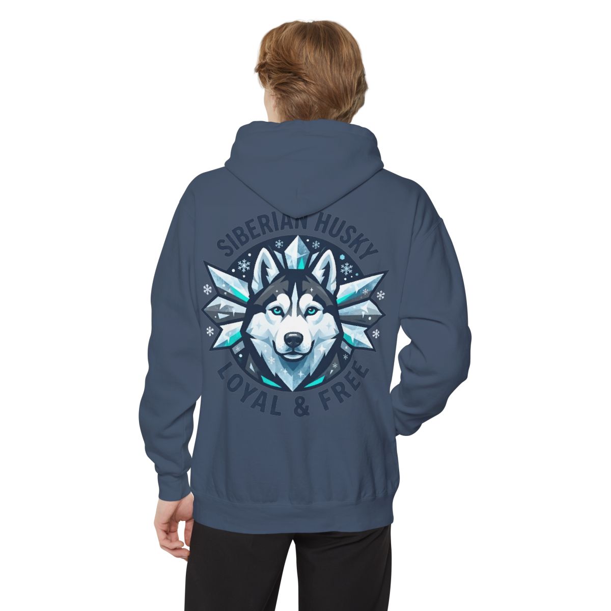 Color: Denim | Siberian Husky Loyal & Free Garment-Dyed Hoodie