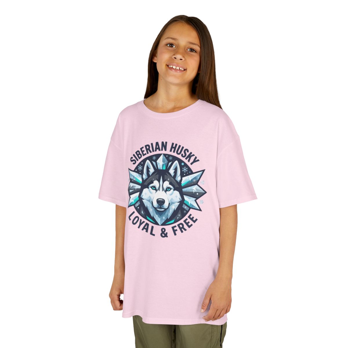 Color: Light Pink | Siberian Husky Loyal & Free Kids Tee