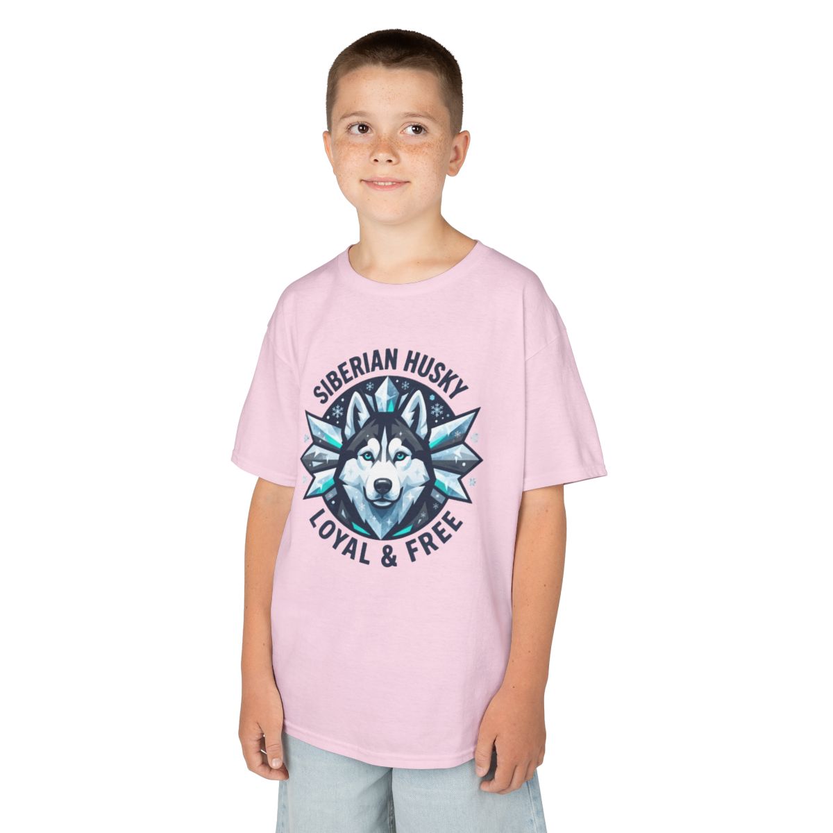 Color: Light Pink | Siberian Husky Loyal & Free Kids Tee