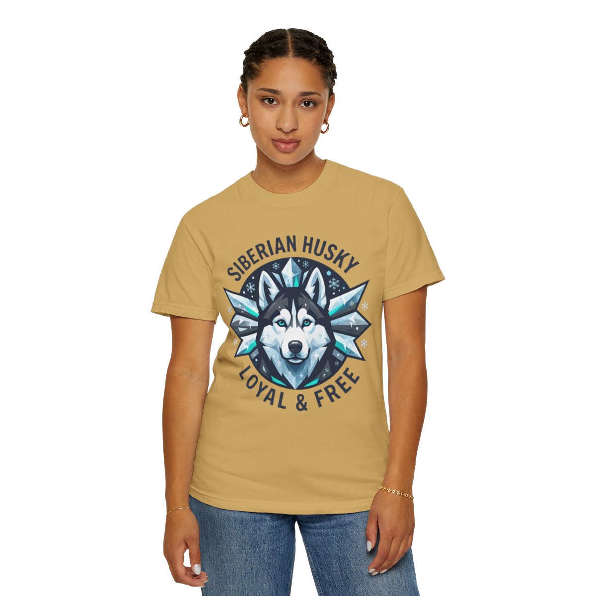 Color: Mustard | Siberian Husky Loyal & Free Unisex Garment-Dyed Tee