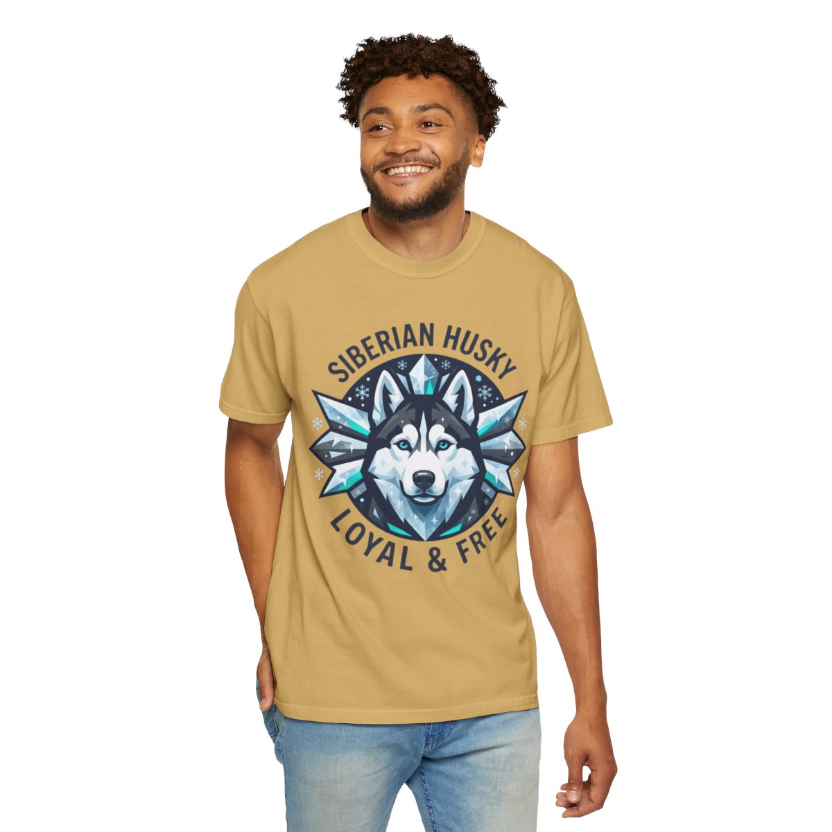 Color: Mustard | Siberian Husky Loyal & Free Unisex Garment-Dyed Tee