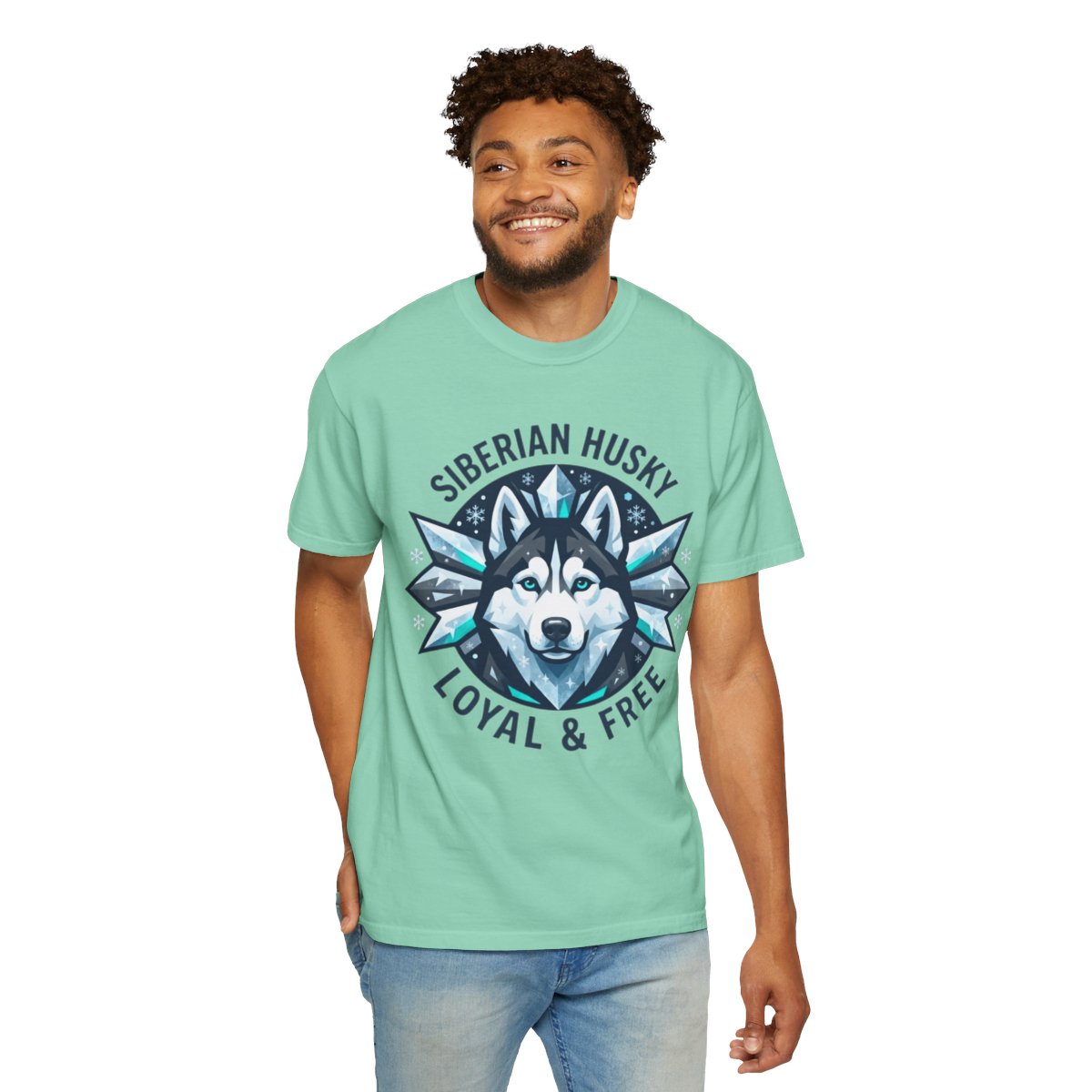 Color: Island Reef | Siberian Husky Loyal & Free Unisex Garment-Dyed Tee