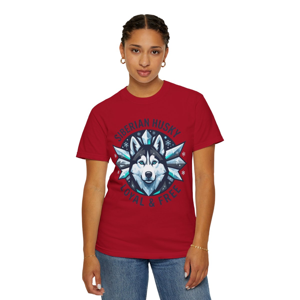 Color: Red | Siberian Husky Loyal & Free Unisex Garment-Dyed Tee
