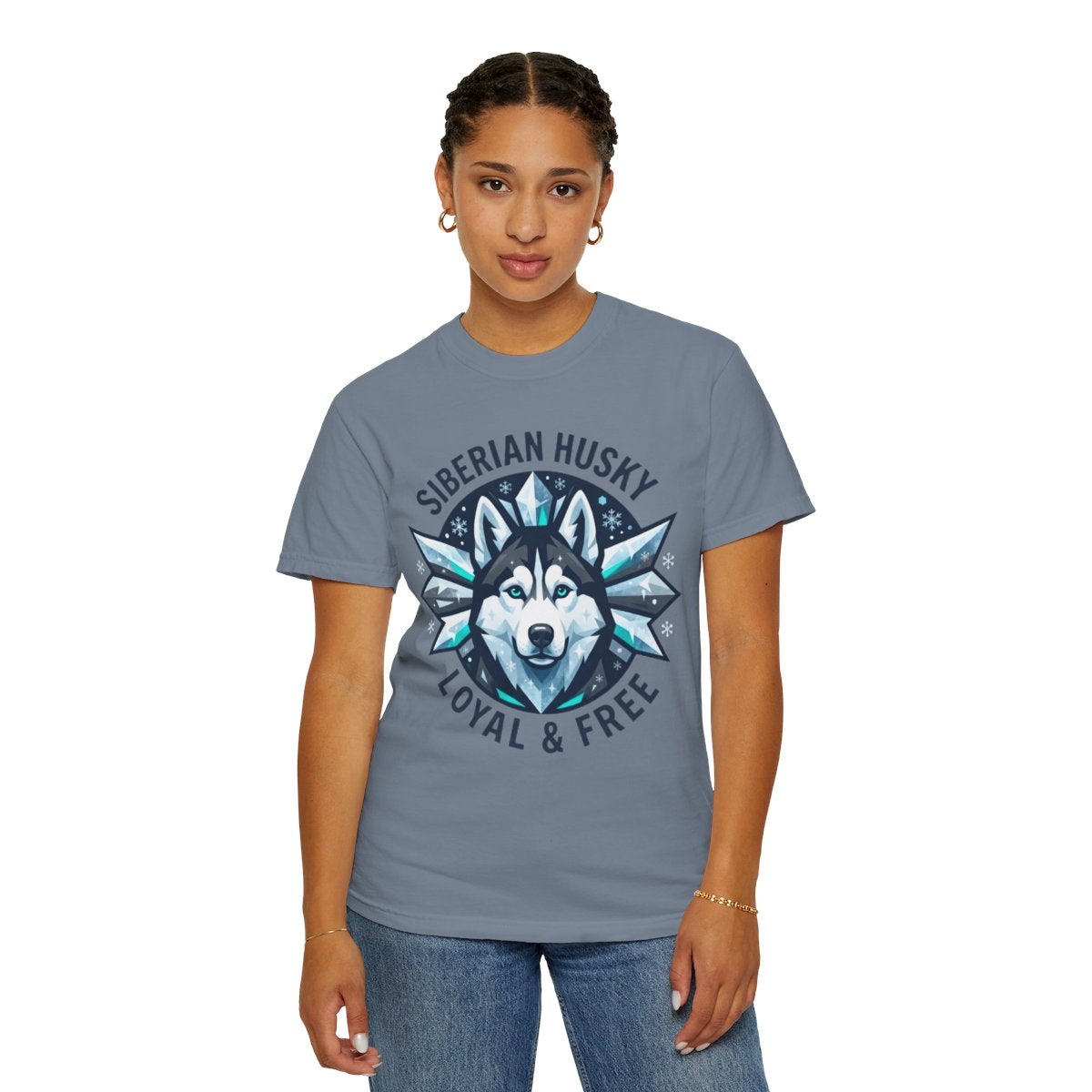 Color: Blue Jean | Siberian Husky Loyal & Free Unisex Garment-Dyed Tee