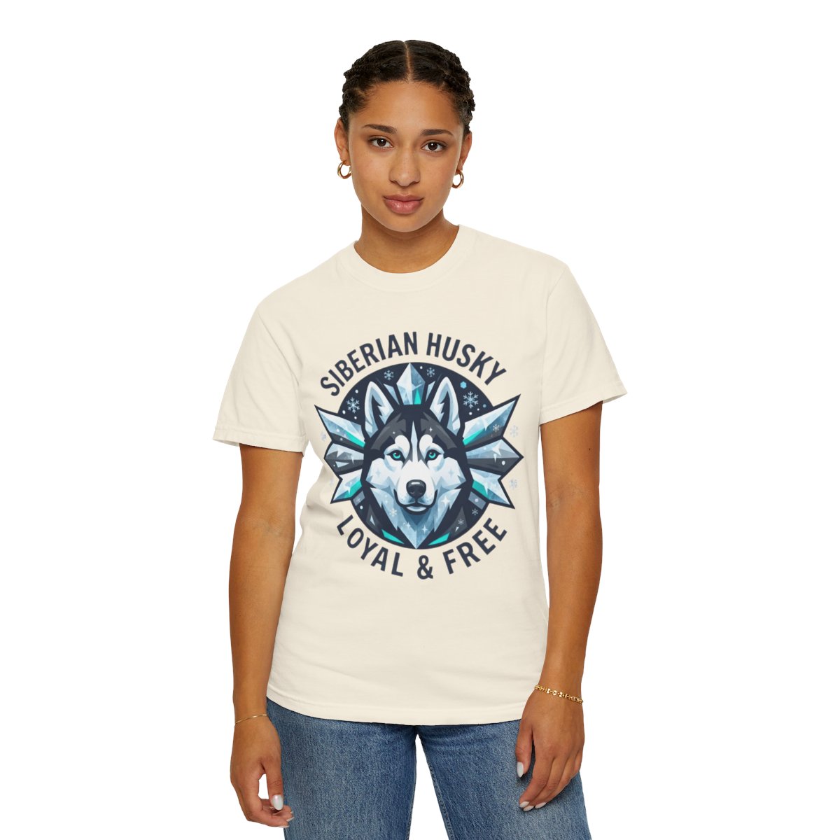 Color: Ivory | Siberian Husky Loyal & Free Unisex Garment-Dyed Tee