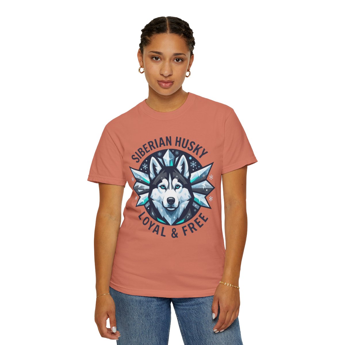 Color: Terracotta | Siberian Husky Loyal & Free Unisex Garment-Dyed Tee