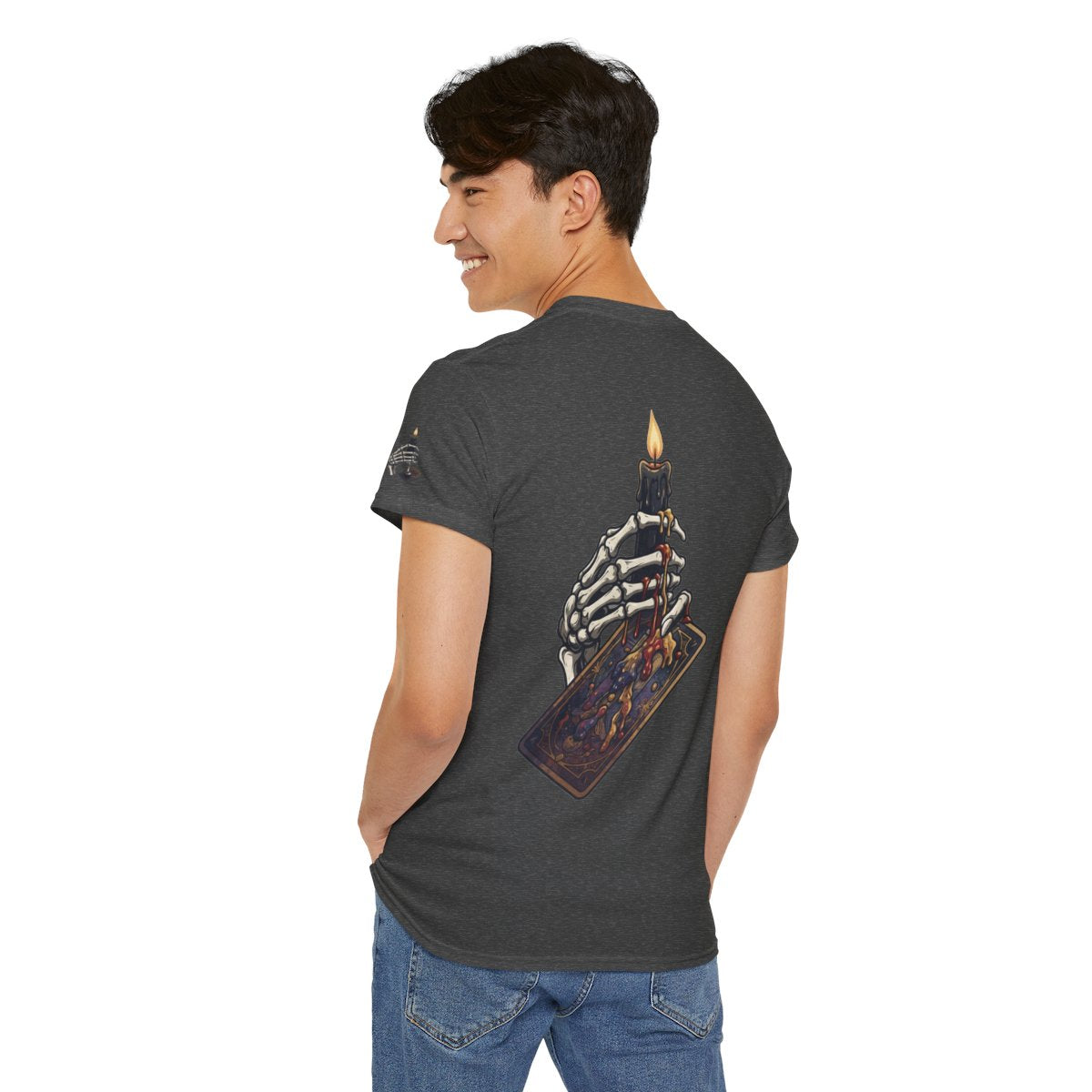 Color: Dark Heather | Skeletal Hand And Tarot Card Premium Graphic Tee