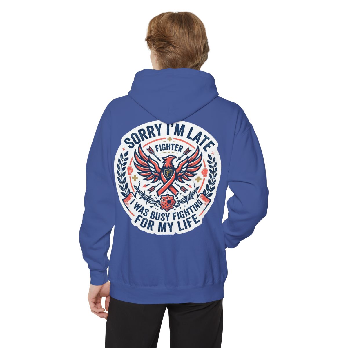 Color: Flo Blue | Sorry I'm Late- Fighting For My Life Garment-Dyed Hoodie