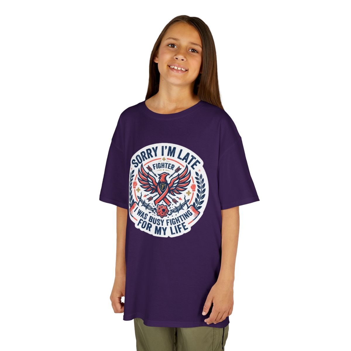 Color: Purple | Sorry I'm Late- Fighting For My Life Kids Tee