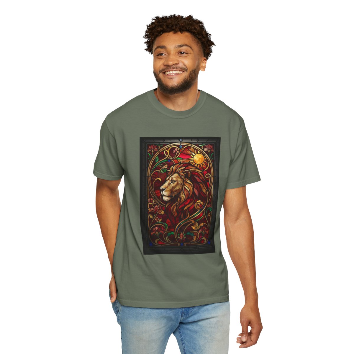 Color: Moss | Stained Glass Sign LEO Unisex Garment-Dyed Tee