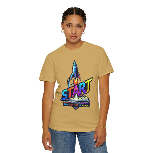 Color: Mustard | Start The Future Is Now Unisex Garment-Dyed Tee