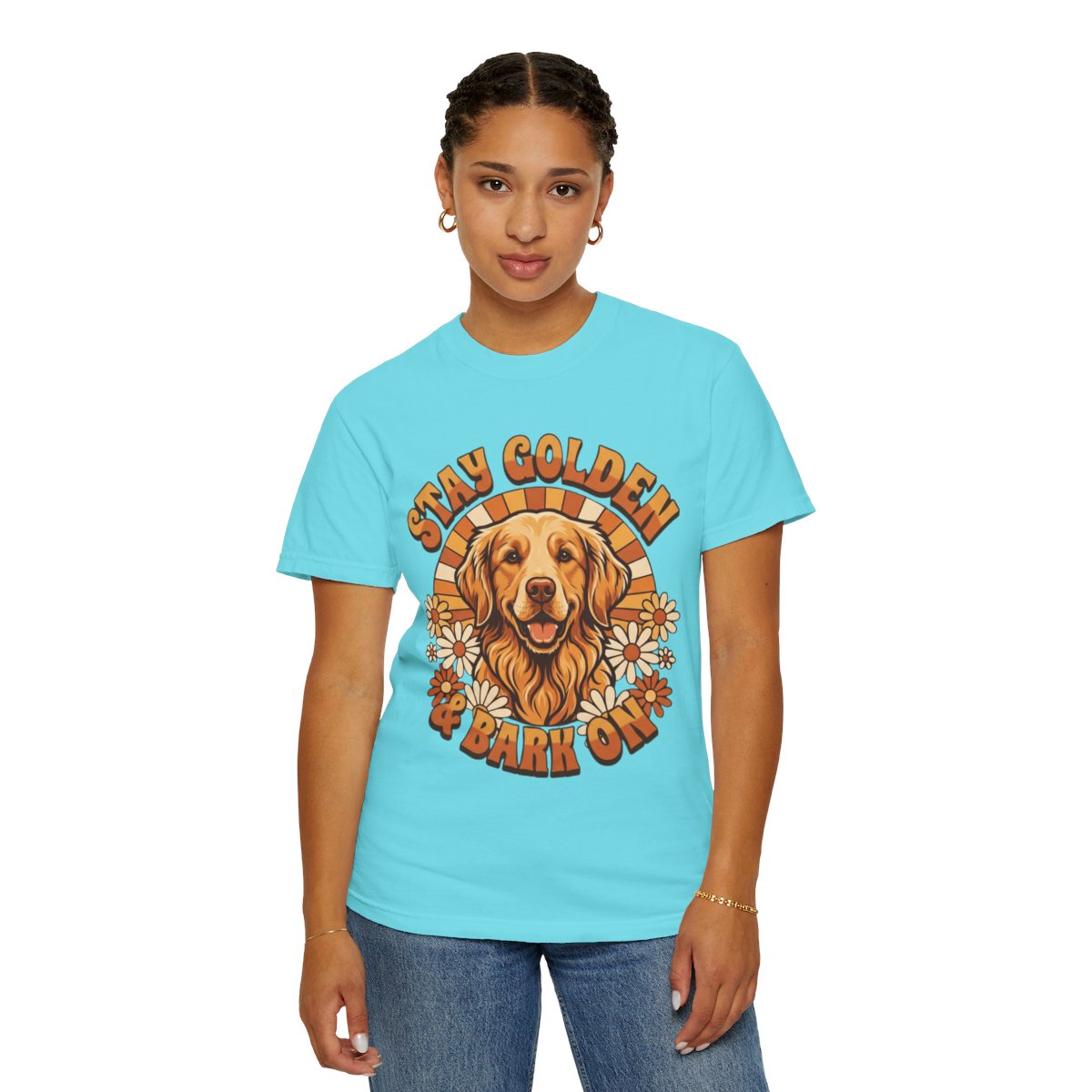 Color: Lagoon Blue | Stay Golden & Bark On Unisex Garment-Dyed Tee