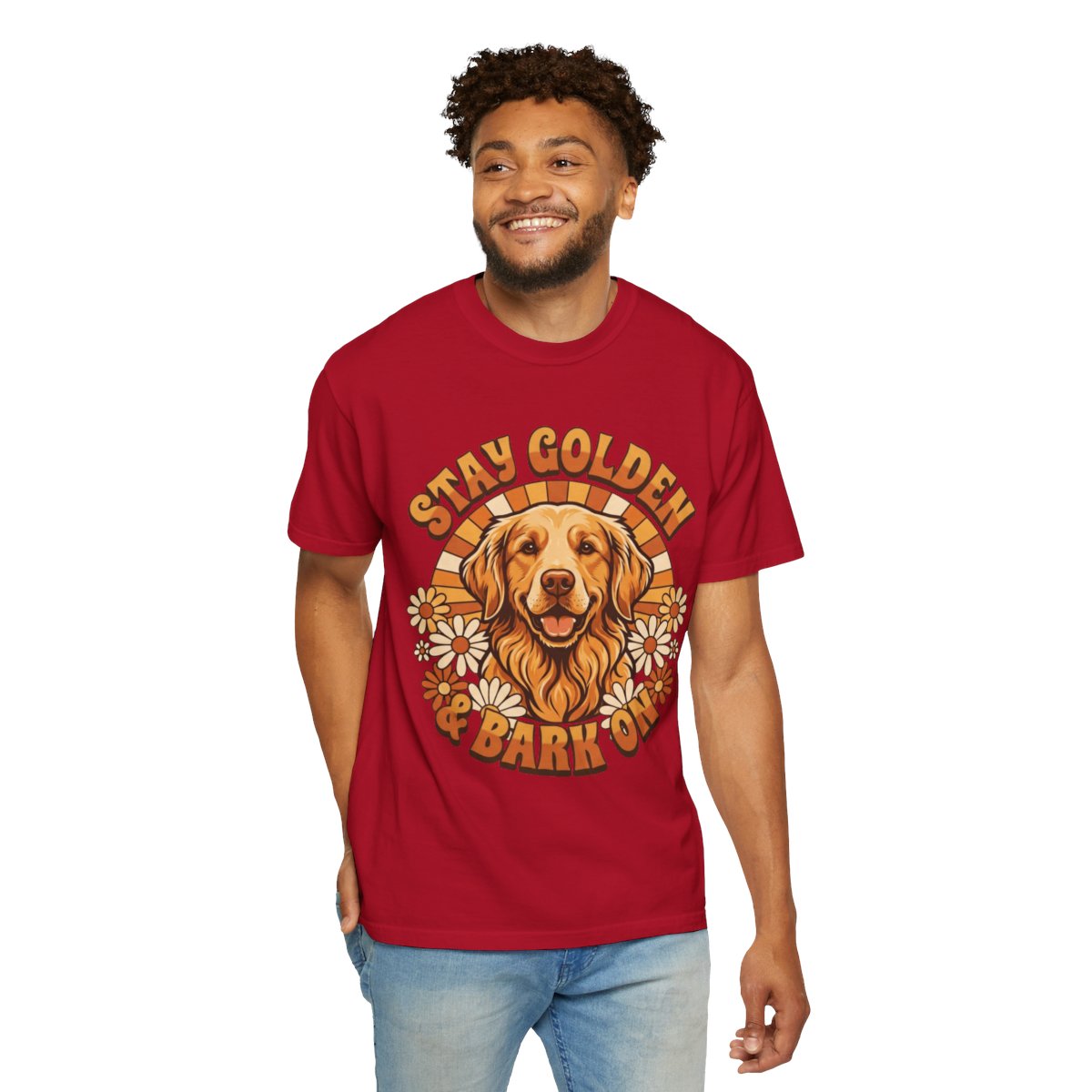 Color: Red | Stay Golden & Bark On Unisex Garment-Dyed Tee