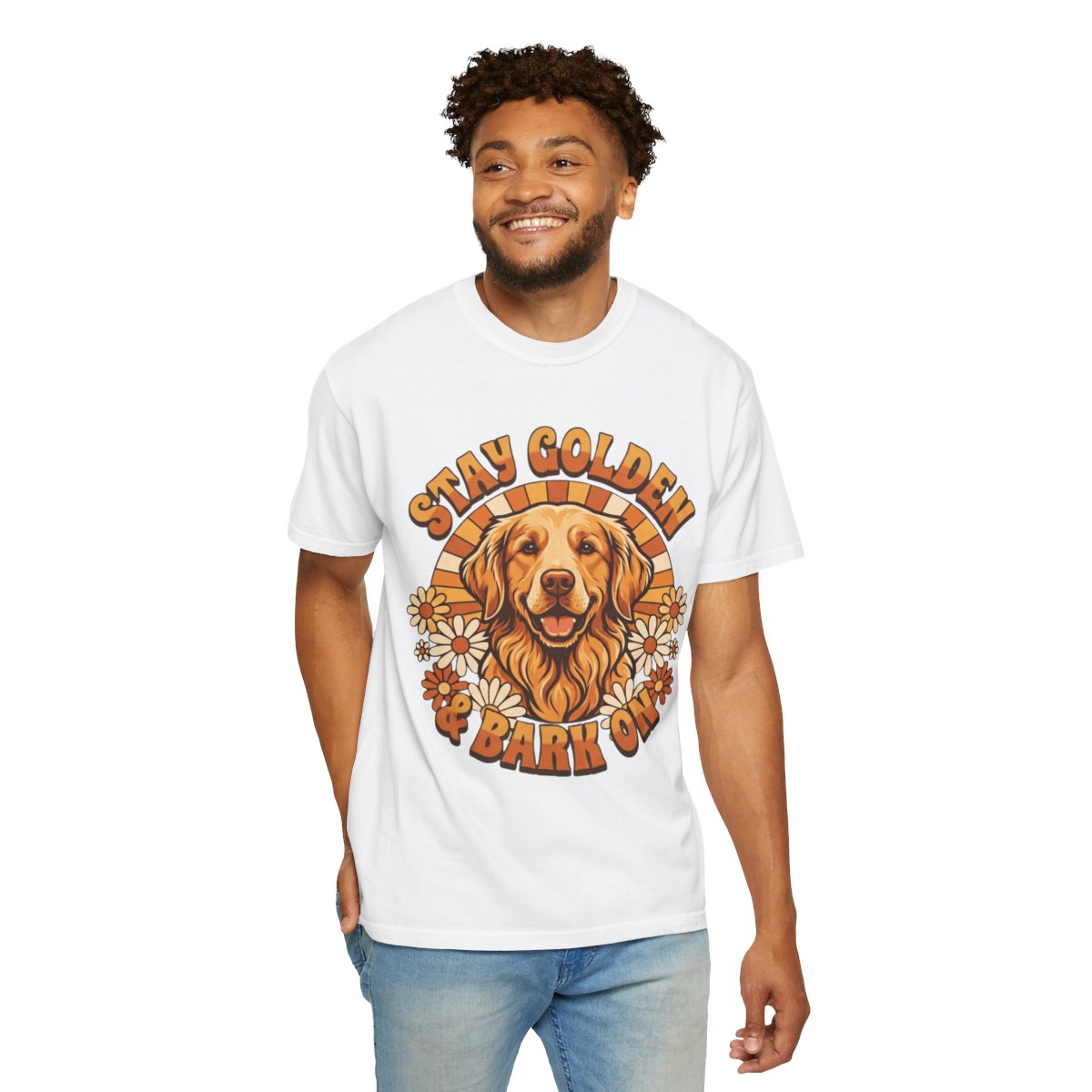 Color: White | Stay Golden & Bark On Unisex Garment-Dyed Tee
