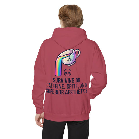 Color: Crimson | Surviving on Caffeine Spite and Superior Aesthetics Garment-Dyed Hoodie