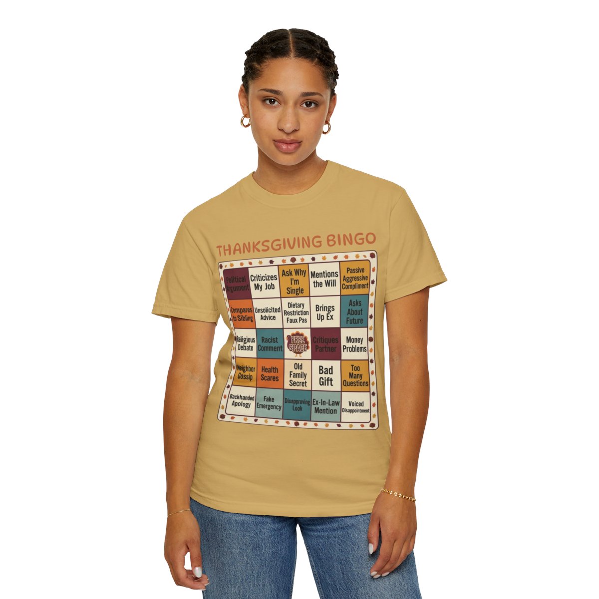 Color: Mustard | Thankgiving Bingo Unisex Garment-Dyed Tee