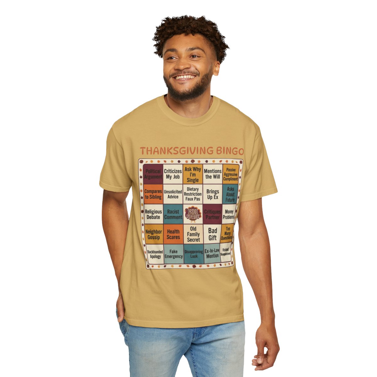 Color: Mustard | Thankgiving Bingo Unisex Garment-Dyed Tee