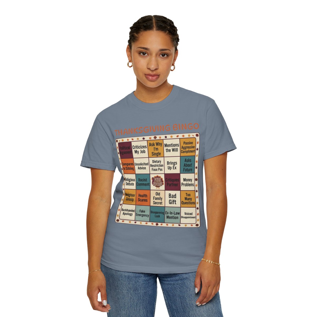 Color: Blue Jean | Thankgiving Bingo Unisex Garment-Dyed Tee