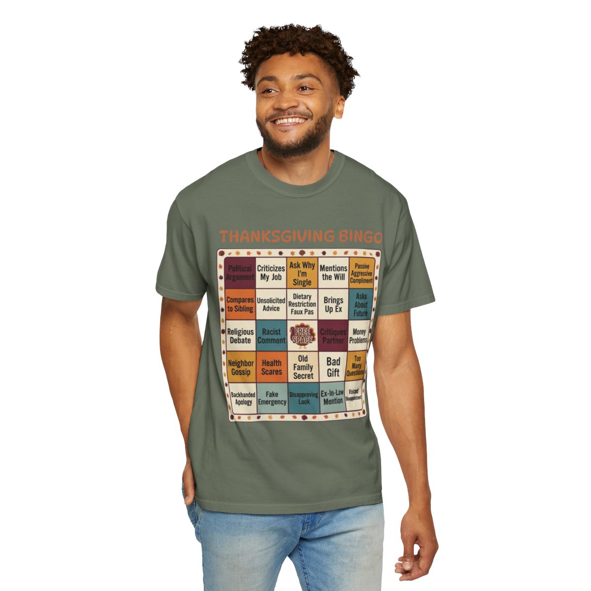 Color: Moss | Thankgiving Bingo Unisex Garment-Dyed Tee