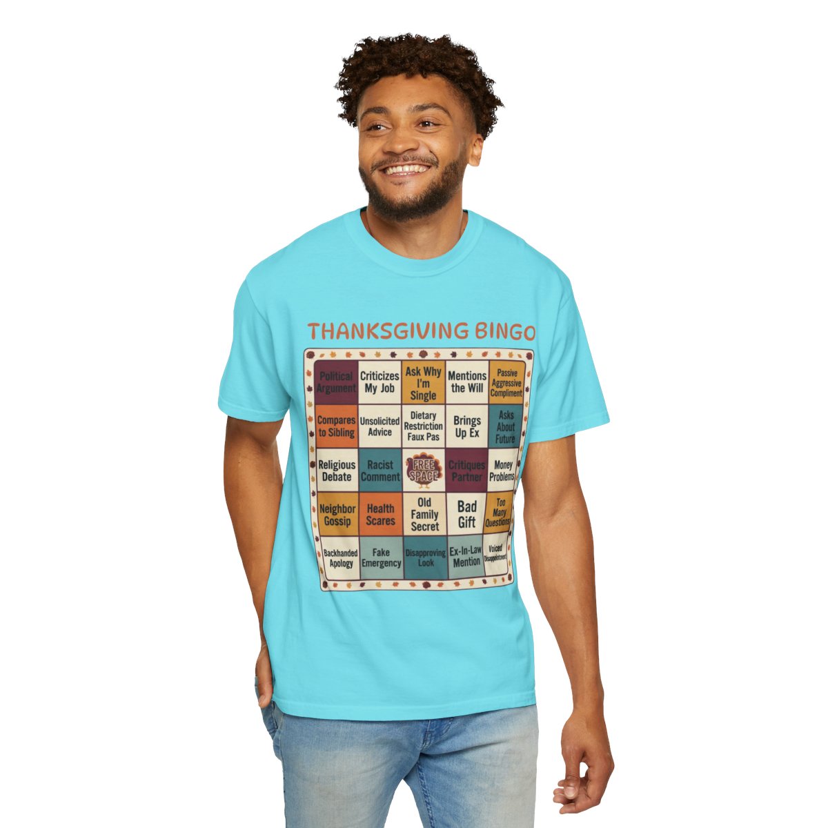 Color: Lagoon Blue | Thankgiving Bingo Unisex Garment-Dyed Tee