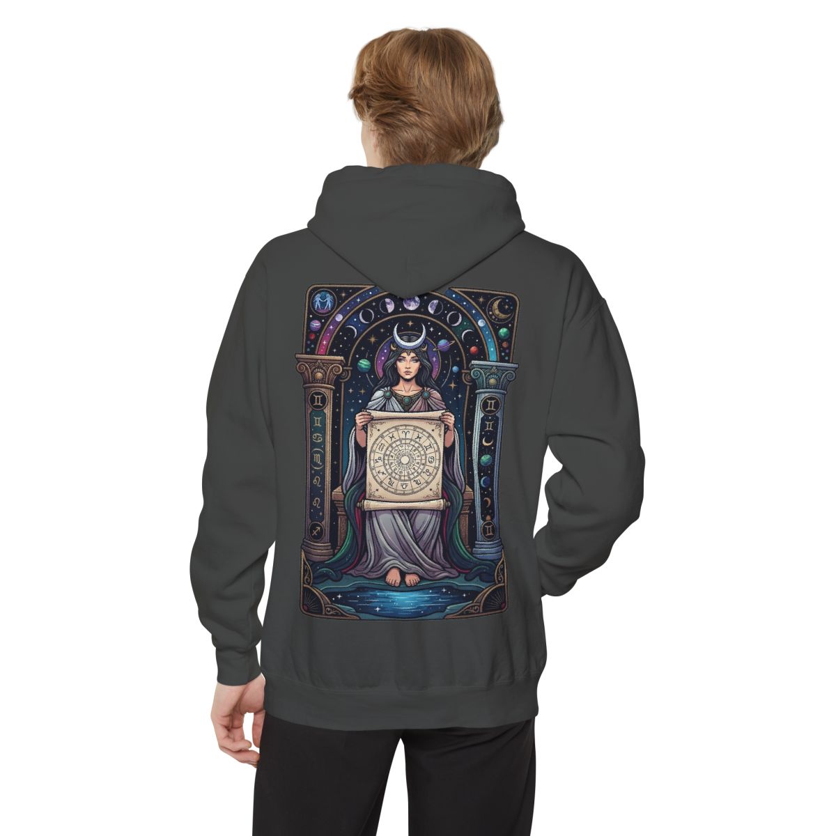 Color: Pepper | The Cosmic Tarot (High Priestess) Garment-Dyed Hoodie