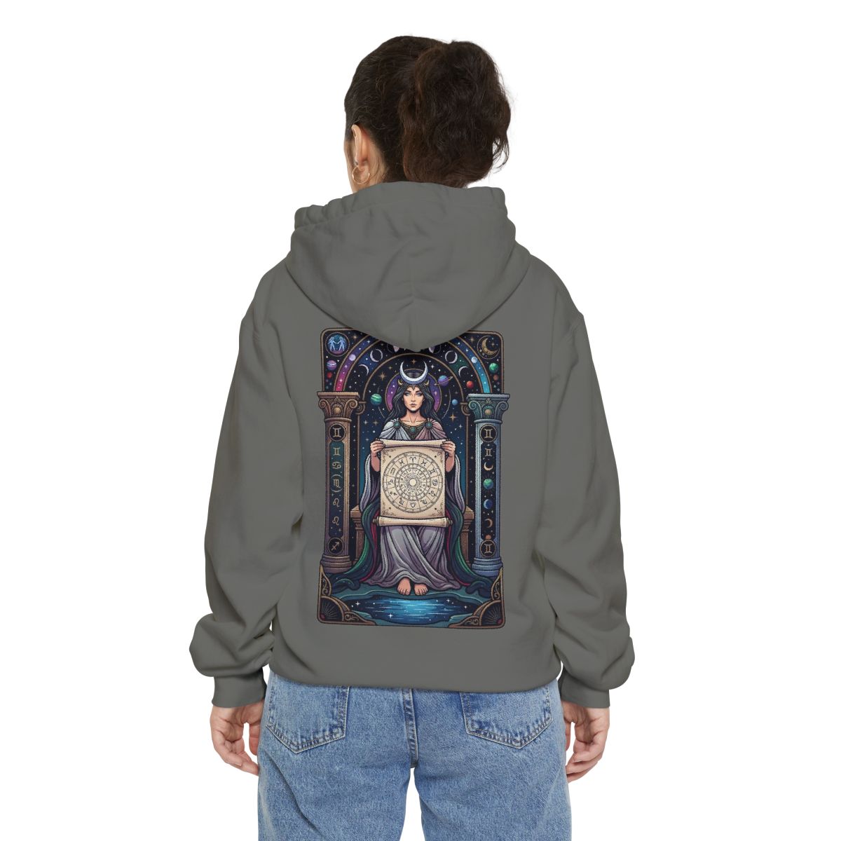 Color: Grey | The Cosmic Tarot (High Priestess) Garment-Dyed Hoodie