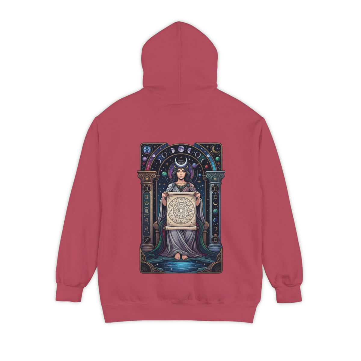 Color: Crimson | The Cosmic Tarot (High Priestess) Garment-Dyed Hoodie