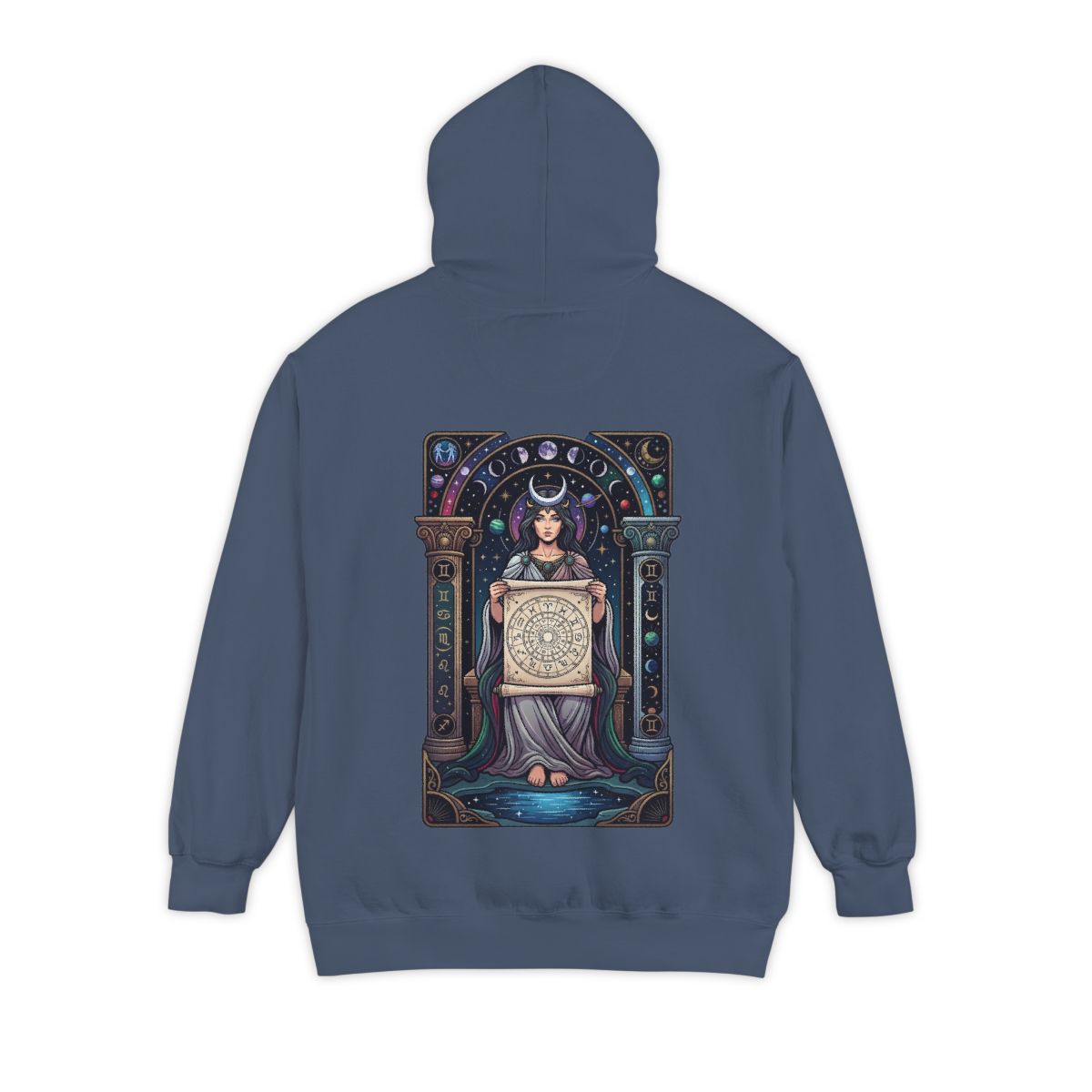 Color: Denim | The Cosmic Tarot (High Priestess) Garment-Dyed Hoodie