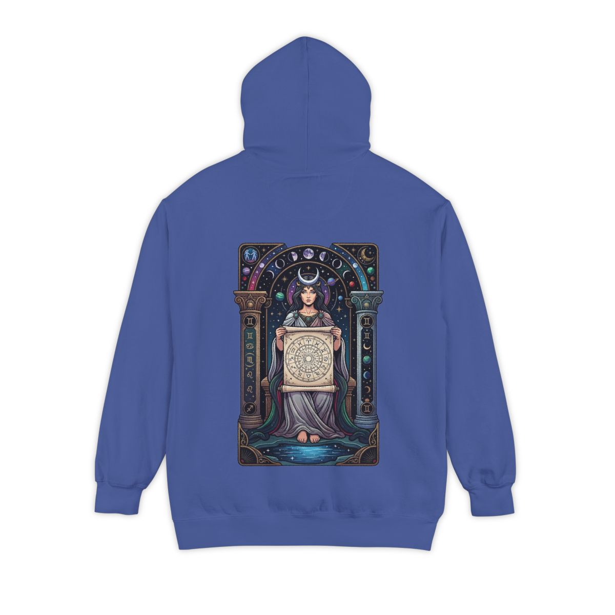 Color: Flo Blue | The Cosmic Tarot (High Priestess) Garment-Dyed Hoodie
