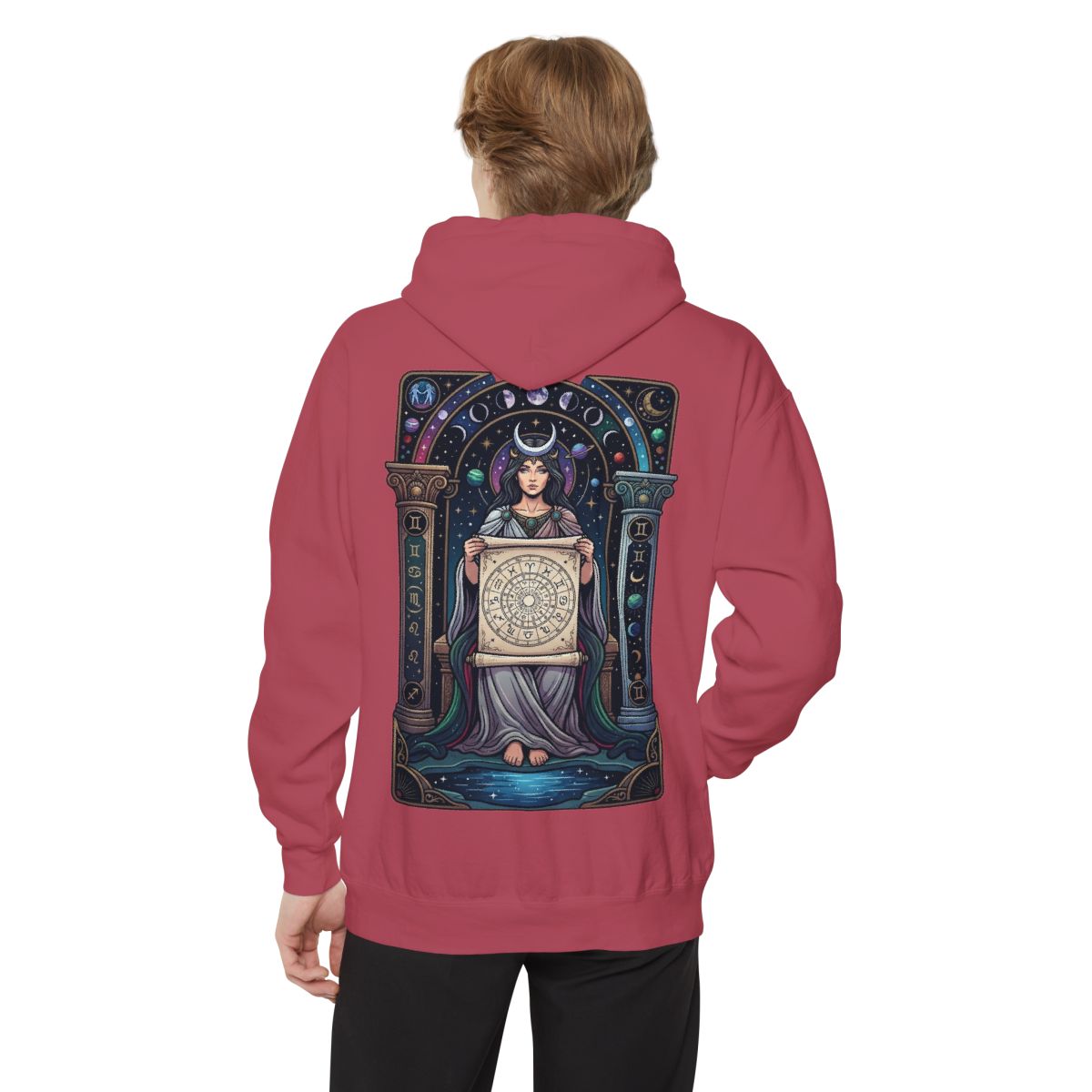 Color: Crimson | The Cosmic Tarot (High Priestess) Garment-Dyed Hoodie