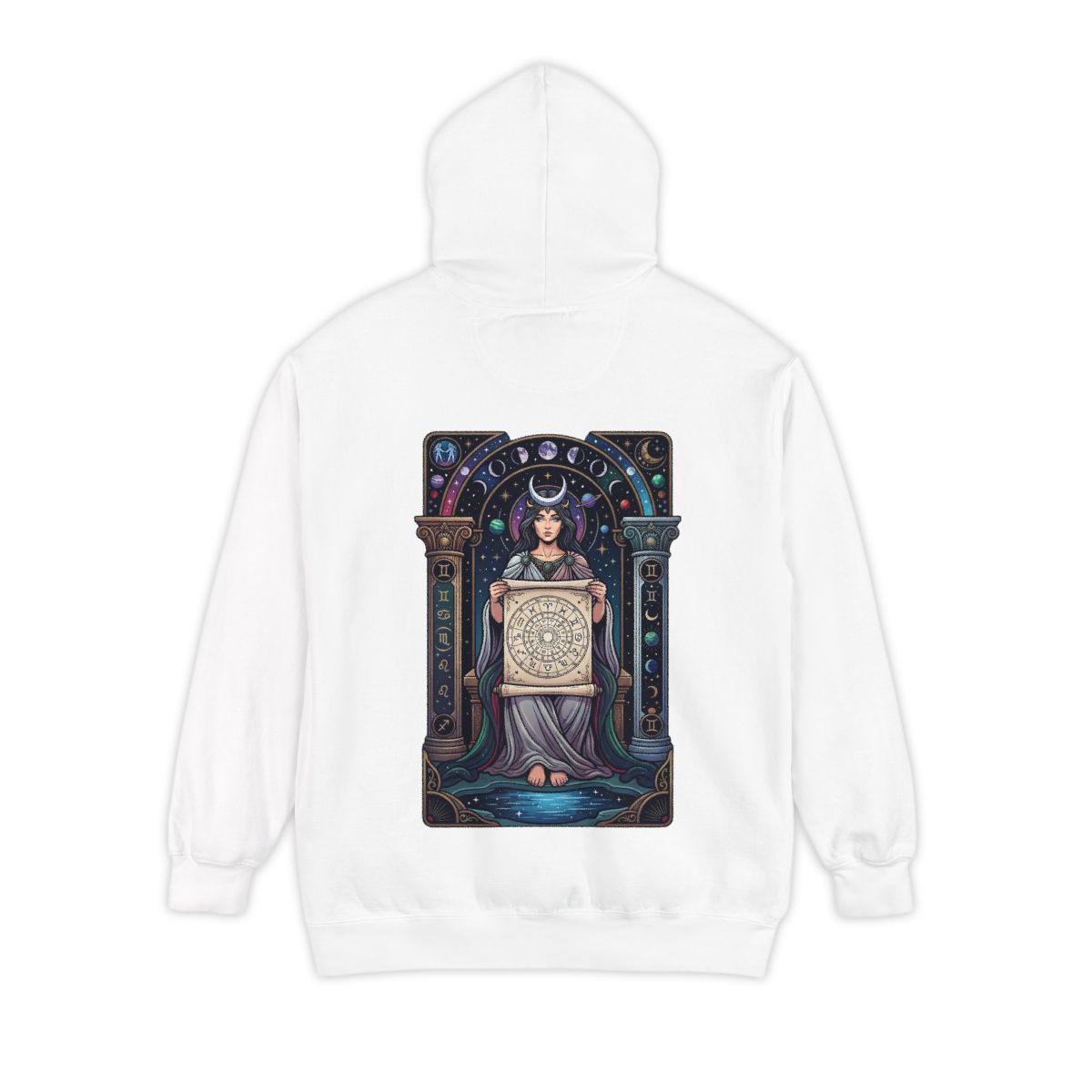 Color: White | The Cosmic Tarot (High Priestess) Garment-Dyed Hoodie