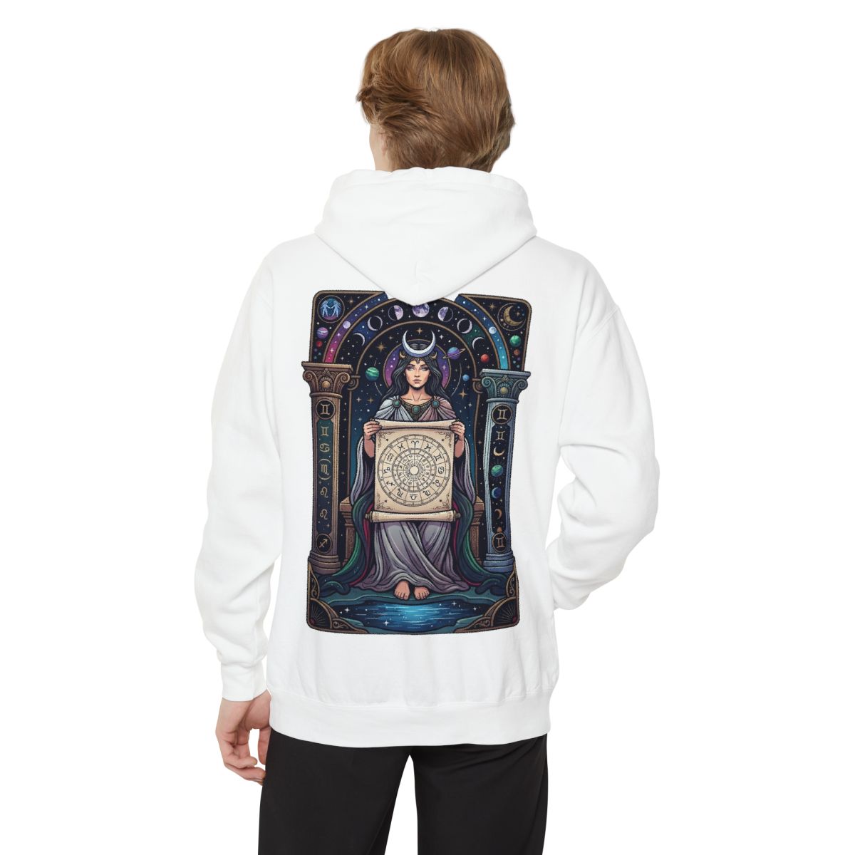 Color: White | The Cosmic Tarot (High Priestess) Garment-Dyed Hoodie