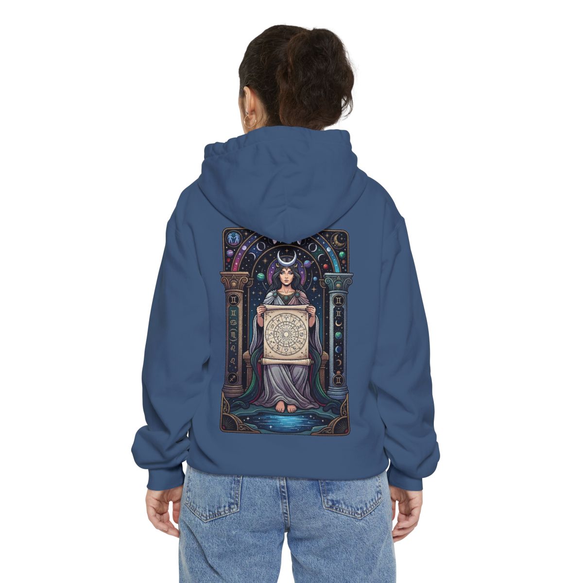 Color: True Navy | The Cosmic Tarot (High Priestess) Garment-Dyed Hoodie