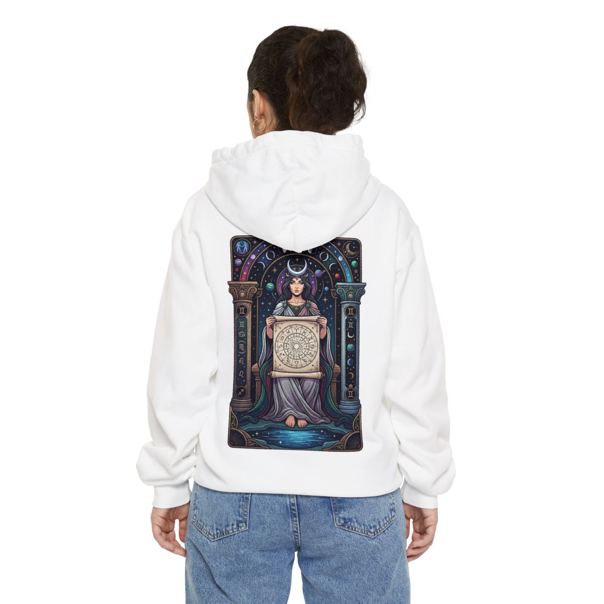Color: White | The Cosmic Tarot (High Priestess) Garment-Dyed Hoodie