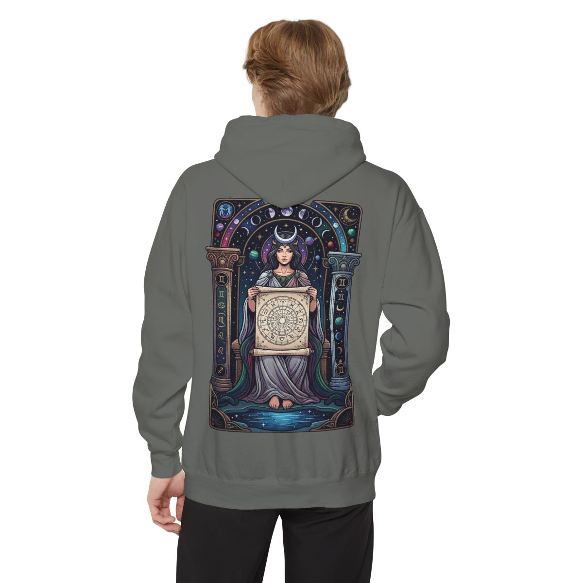 Color: Grey | The Cosmic Tarot (High Priestess) Garment-Dyed Hoodie