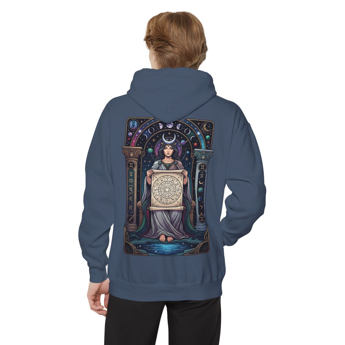 Color: Denim | The Cosmic Tarot (High Priestess) Garment-Dyed Hoodie