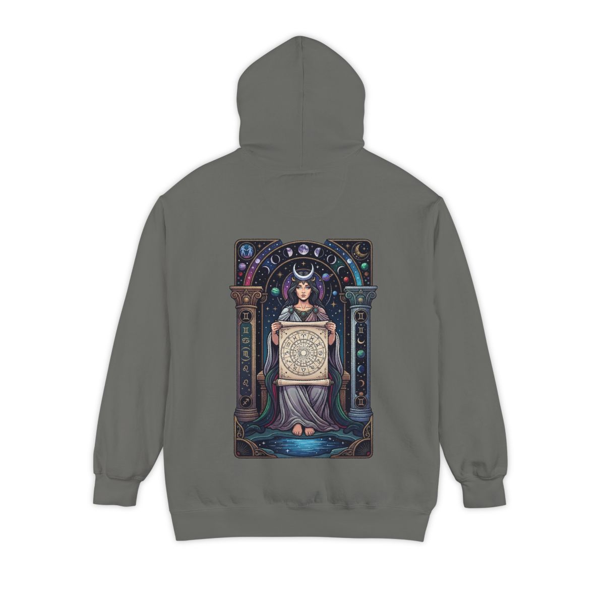 Color: Grey | The Cosmic Tarot (High Priestess) Garment-Dyed Hoodie