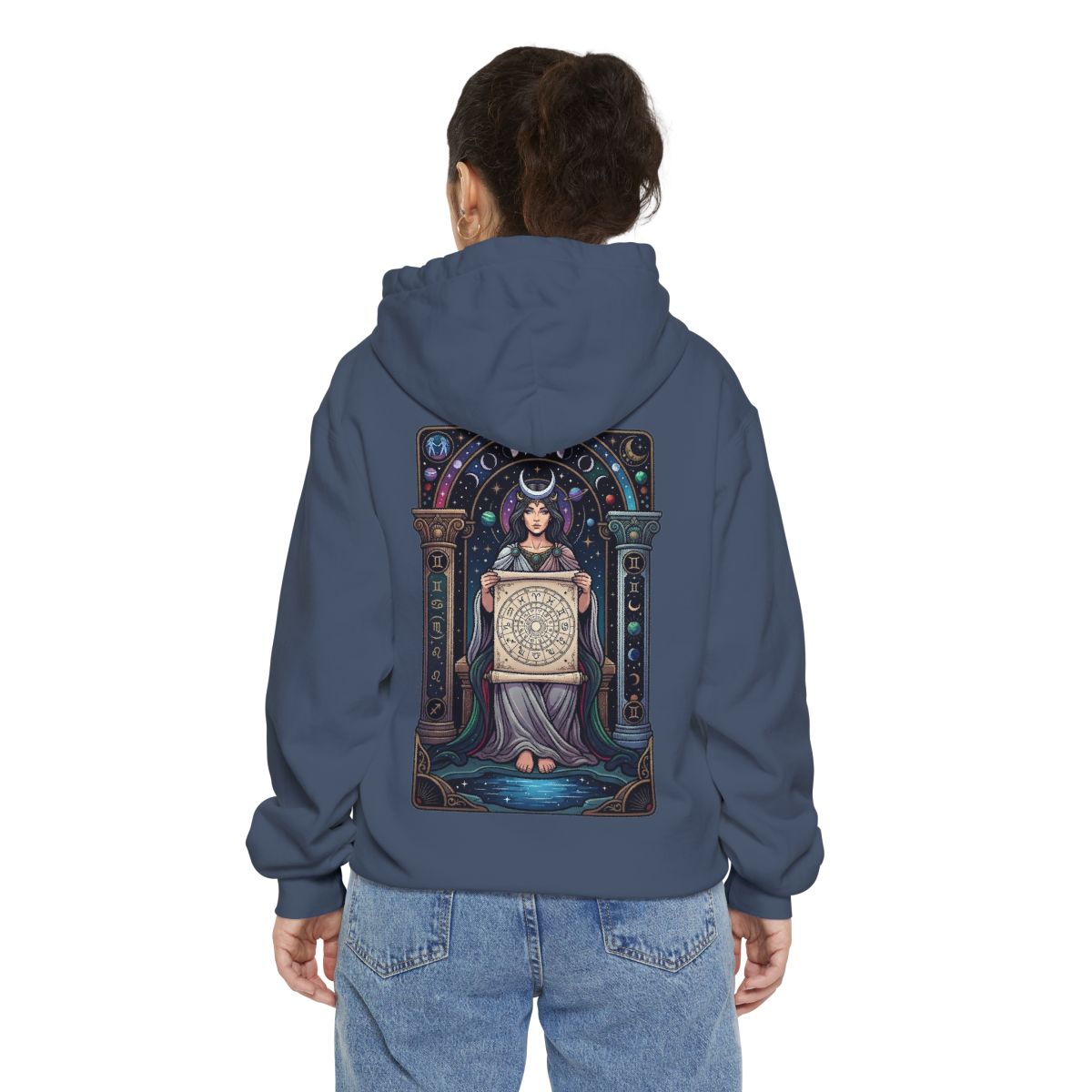 Color: Denim | The Cosmic Tarot (High Priestess) Garment-Dyed Hoodie
