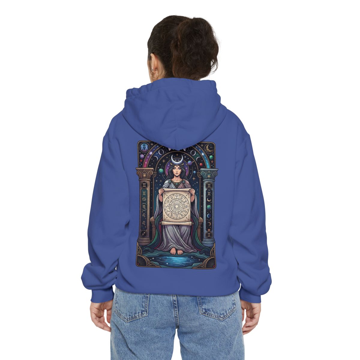 Color: Flo Blue | The Cosmic Tarot (High Priestess) Garment-Dyed Hoodie