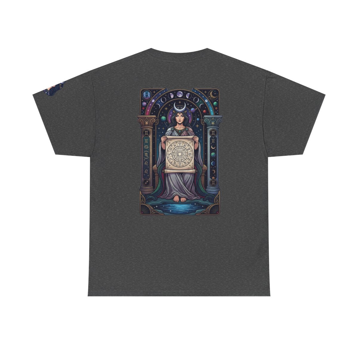 Color: Dark Heather | The Cosmic Tarot (High Priestess) Premium Graphic Tee