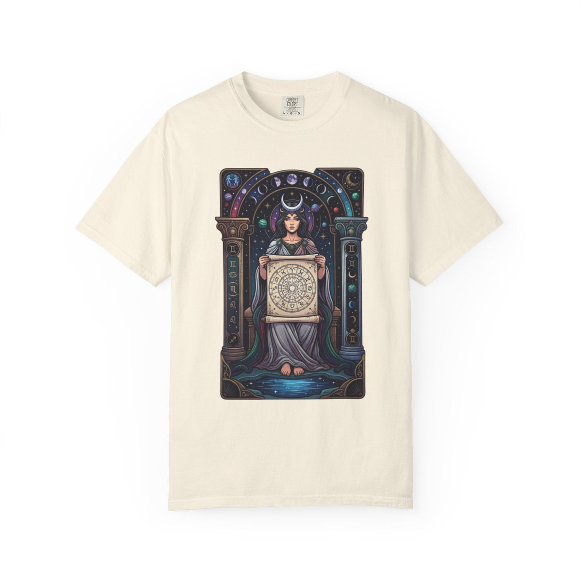 Color: Ivory | The Cosmic Tarot (High Priestess) Unisex Garment-Dyed Tee