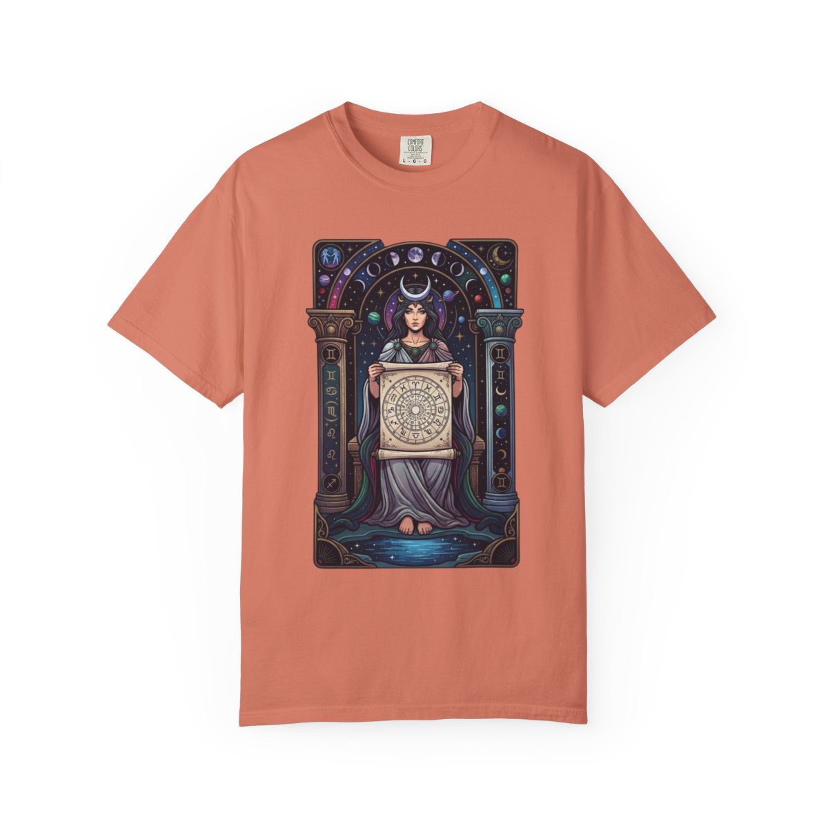 Color: Terracotta | The Cosmic Tarot (High Priestess) Unisex Garment-Dyed Tee