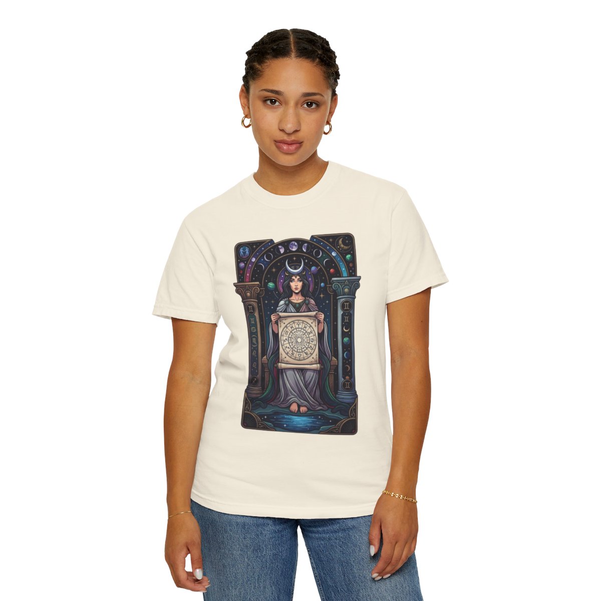 Color: Ivory | The Cosmic Tarot (High Priestess) Unisex Garment-Dyed Tee