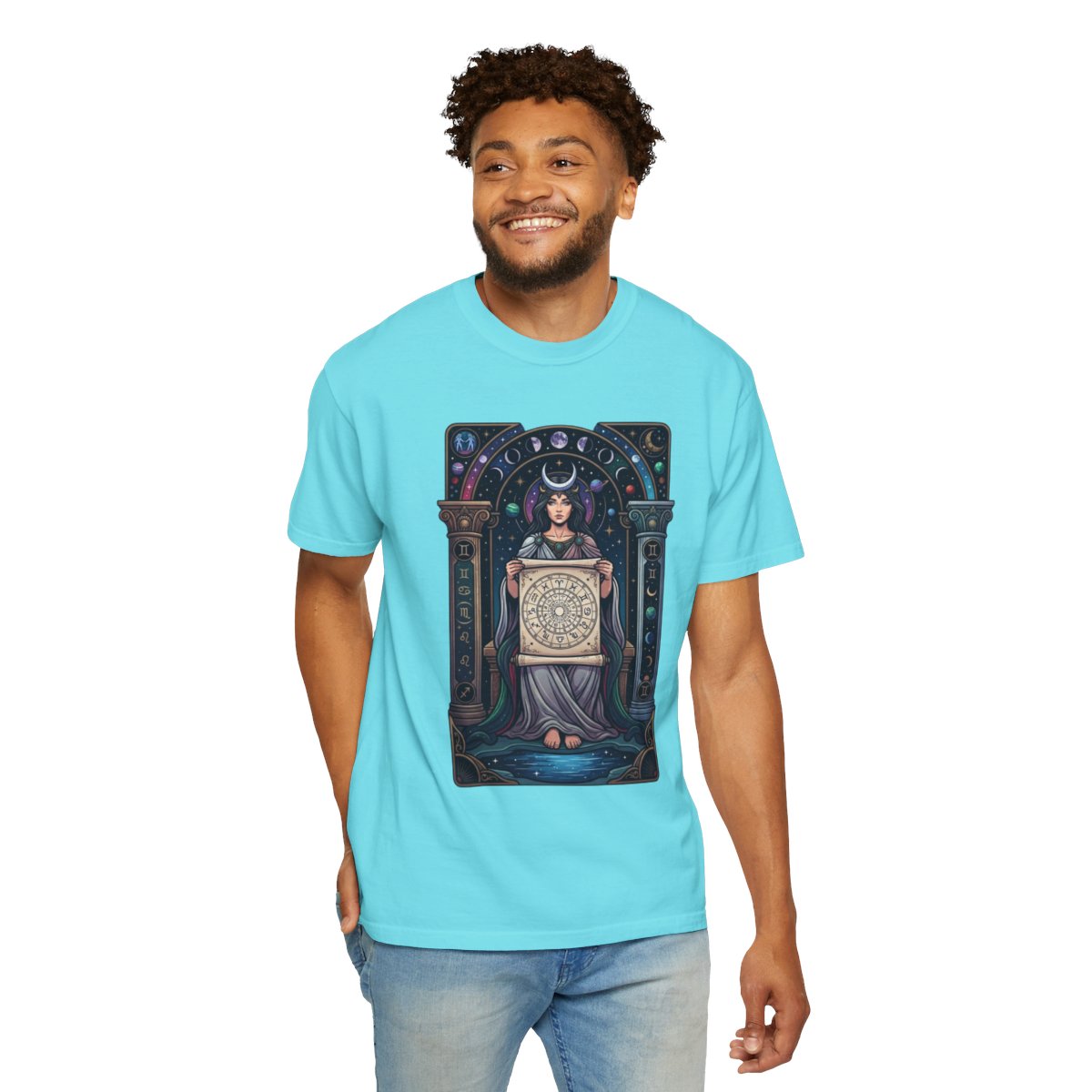Color: Lagoon Blue | The Cosmic Tarot (High Priestess) Unisex Garment-Dyed Tee