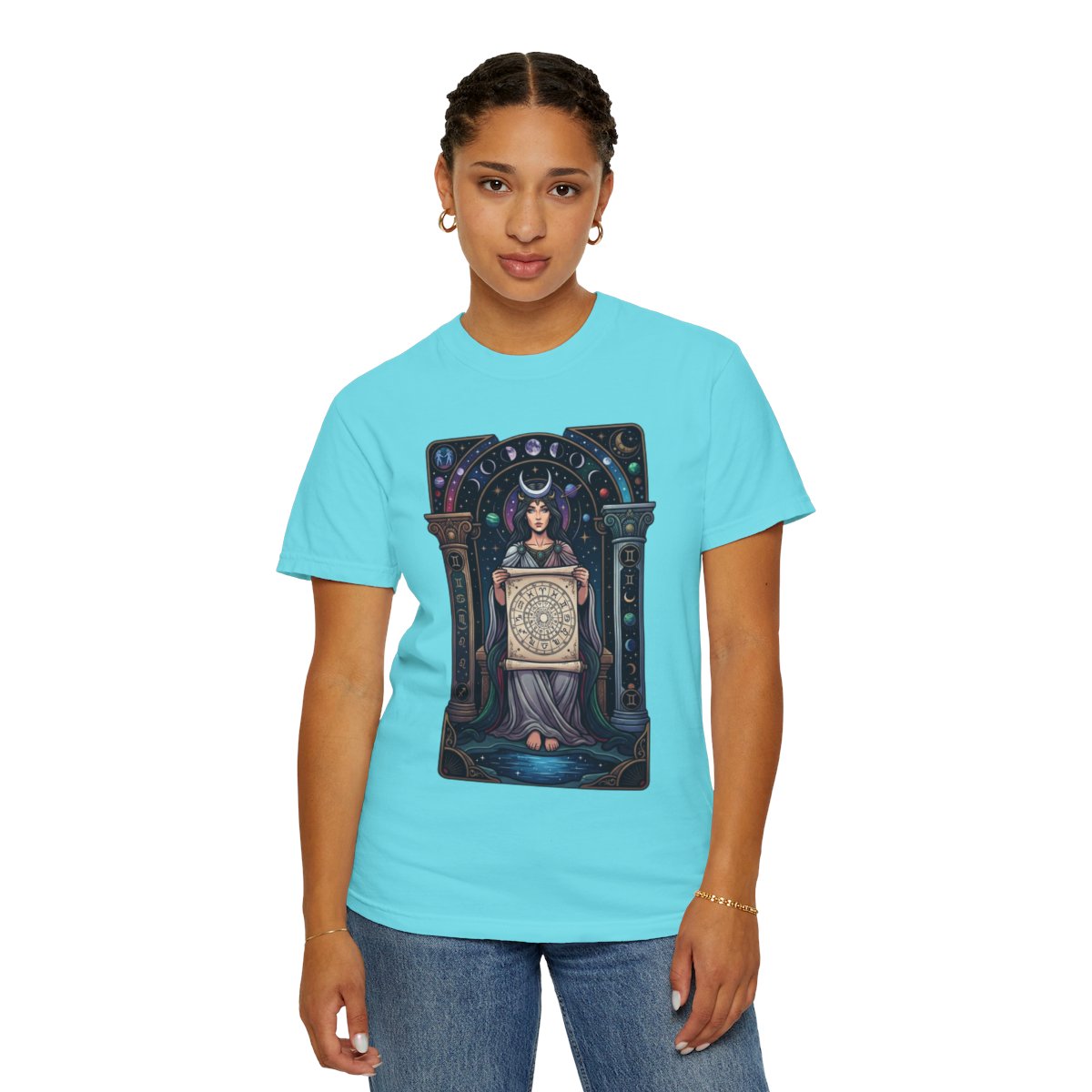 Color: Lagoon Blue | The Cosmic Tarot (High Priestess) Unisex Garment-Dyed Tee