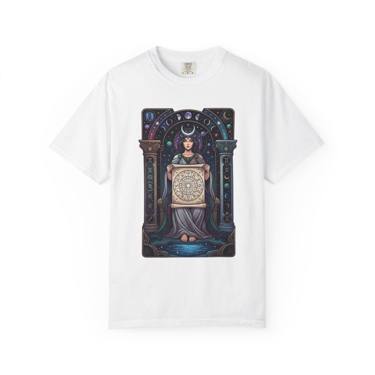 Color: White | The Cosmic Tarot (High Priestess) Unisex Garment-Dyed Tee